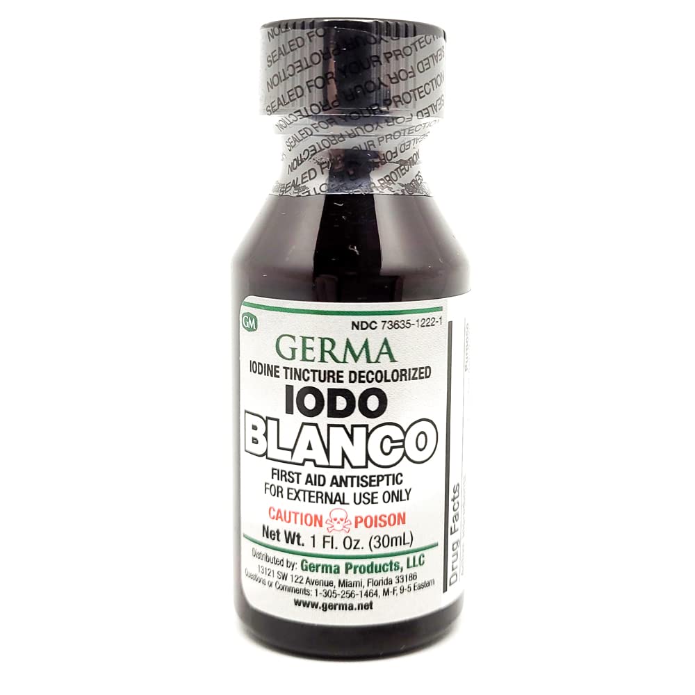 Germa White Iodine Tincture. First Aid Antiseptic. For Minor Scrapes, Cuts, Bruises and Burns. Prevents Skin Infection. 1 oz. Pa