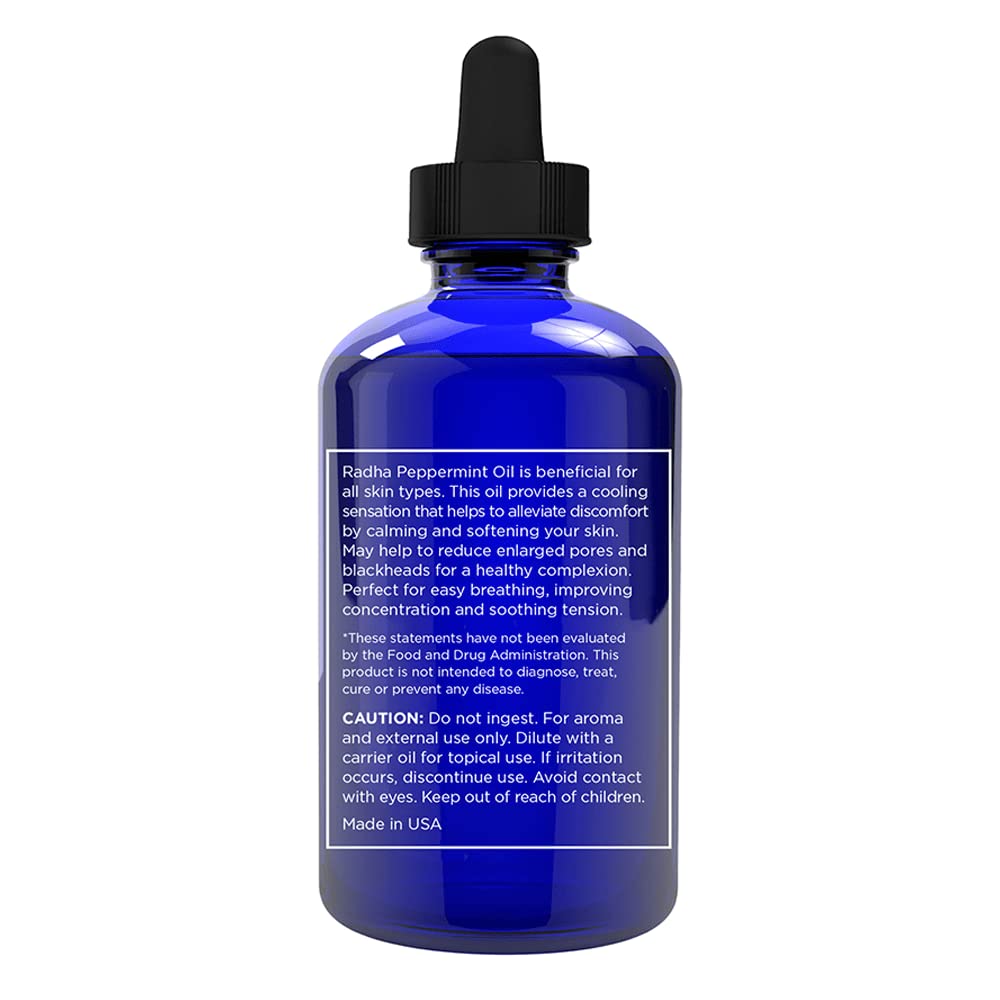 Radha Beauty Peppermint Essential Oil 4 oz - 100% Pure & Therapeutic Grade, Steam Distilled for Aromatherapy, Fresh Minty Scent,
