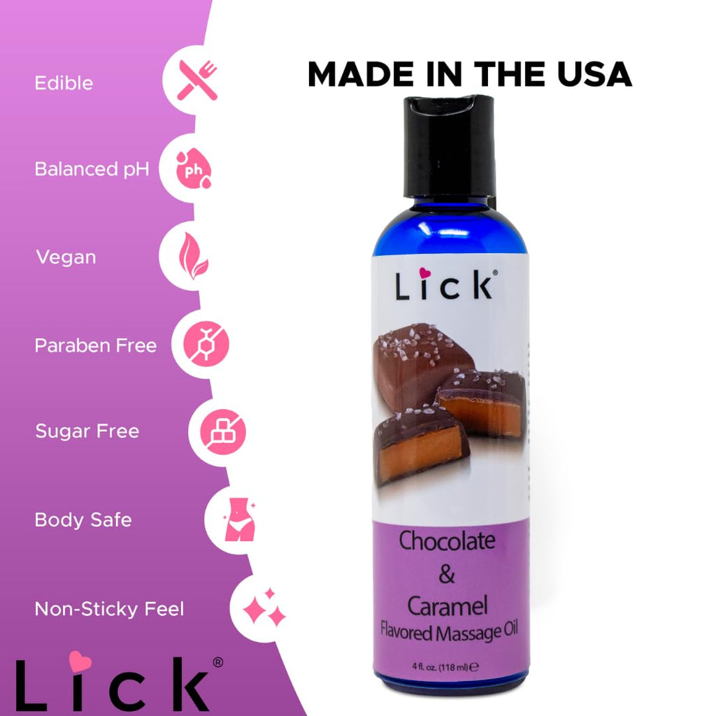 Lick Chocolate and Caramel Massage Oil - Decadent Dessert-Inspired Edible Massage Oil with Almond Oil & Vitamin E, Smooth Glide