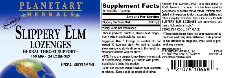 Planetary Herbals Slippery Elm Lozenges, Herbal Throat Support, 24 Lozenge