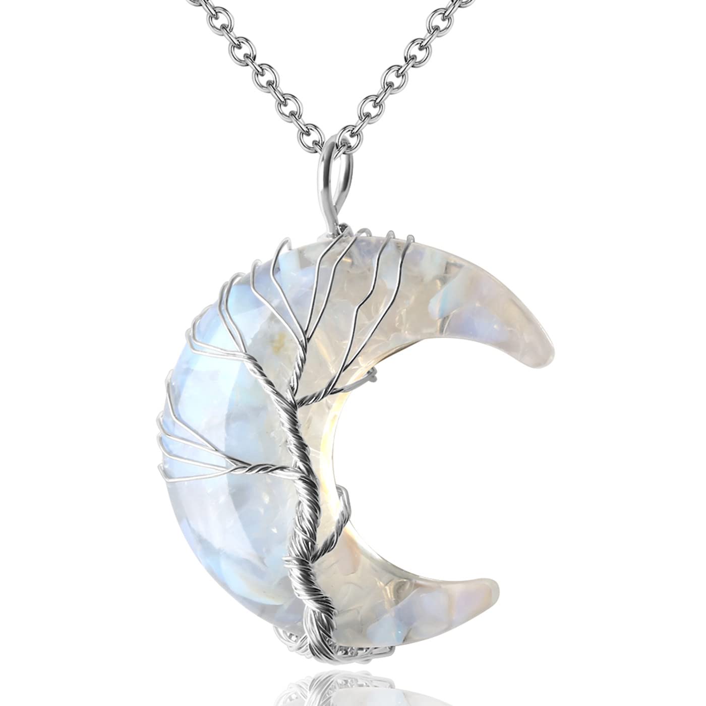 MAIBAOTA Opal Stone Necklace Healing Crystals Tree Life Wire Wrapped Crescent Moon Phase Pendant Necklace Mothers Day Gifts for 