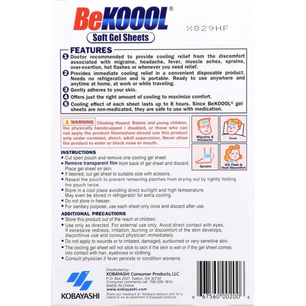 Be Koool Cooling Relief For Migraine Soft Gel Sheets 4 Each (Pack of 12)