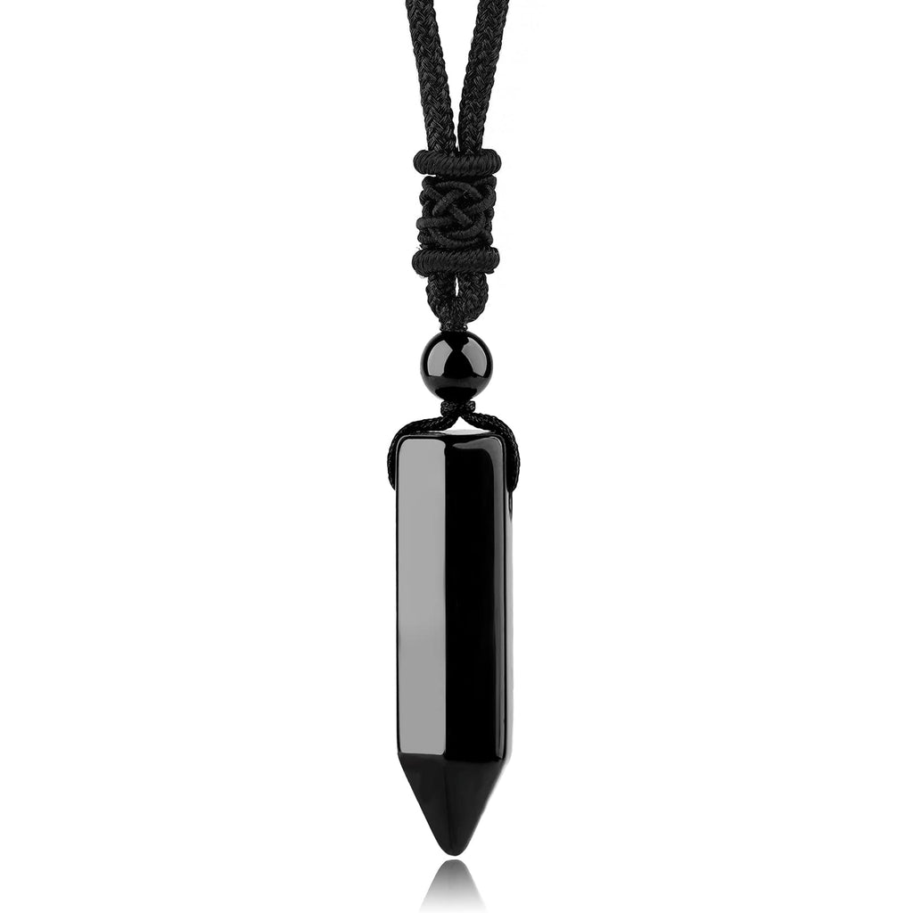TIKCAUZ Hexagonal Crystal Points Pendant Necklace Black Obsidian Healing Stone Necklace Adjustable Rope Reiki Gemstone Necklace 