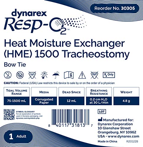 Dynarex 30305 Series Resp-02 Bow Tie Trach HME 1500 Tracheostomy Heat Moisture Exchanger, Pack of 50