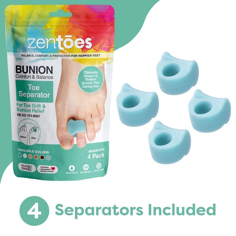 ZenToes Gel Toe Separators for Overlapping Toes, Bunions, Big Toe Alignment, Corrector and Spacer - 4 Pack (Blue)
