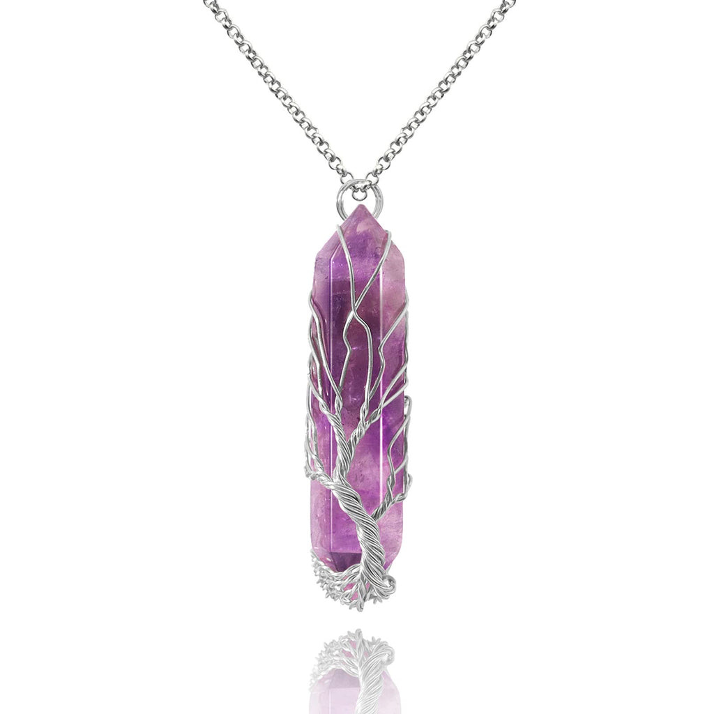 VIBILIA Healing Crystal Necklace Tree of Life Wire Wrapped Natural Amethyst Stone Point Pendant Necklace Hexagonal Reiki Spiritu