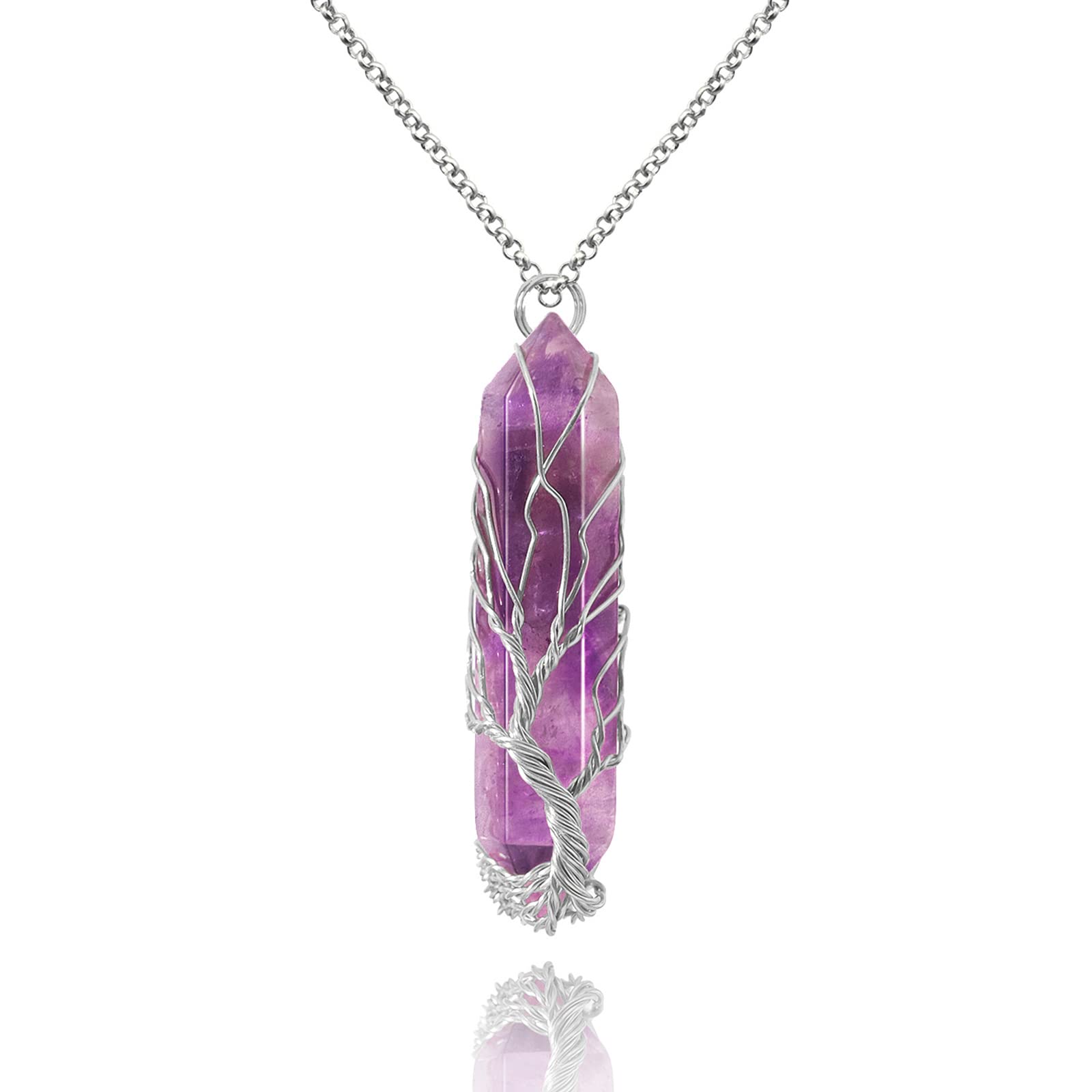 VIBILIA Healing Crystal Necklace Tree of Life Wire Wrapped Natural Amethyst Stone Point Pendant Necklace Hexagonal Reiki Spiritu