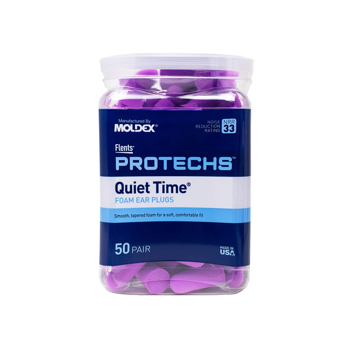 Flents Foam Ear Plugs, 50 Pair for Sleeping, Snoring, Loud Noise, Traveling, Concerts, Construction, & Studying, NRR 33, Purple,
