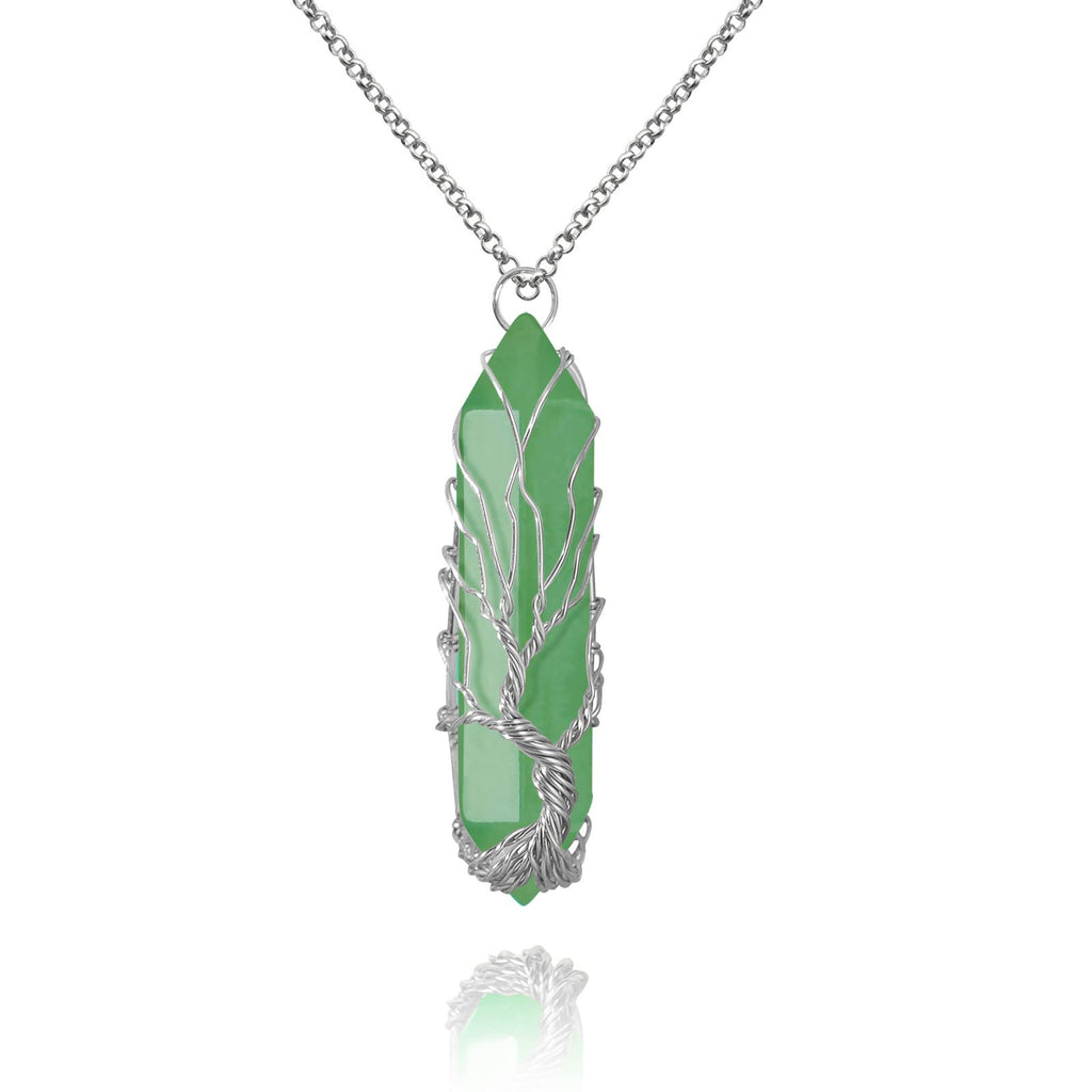 VIBILIA Healing Crystal Necklace Tree of Life Wire Wrapped Natural Green Aventurine Stone Point Pendant Necklace Hexagonal Reiki