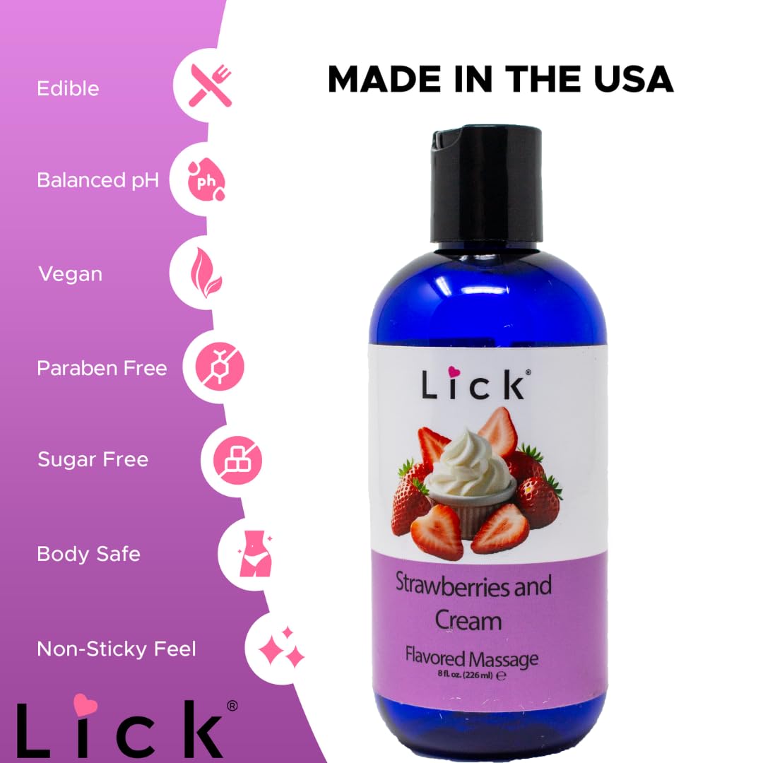 Lick Strawberries and Cream Flavored Massage Oil - 8 oz Edible Body Oil for Couples, Lightweight Formula for Glowing Skin