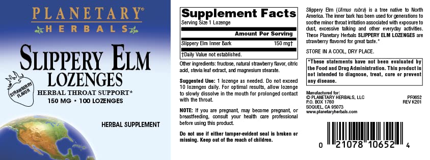 Planetary Herbals Slippery Elm Strawberry Lozenges, Herbal Throat Support, 100 Lozenge