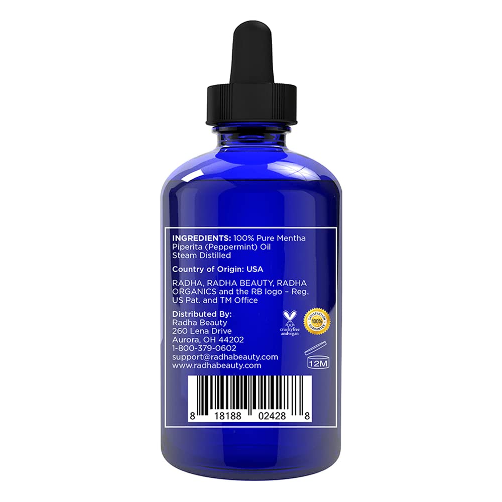 Radha Beauty Peppermint Essential Oil 4 oz - 100% Pure & Therapeutic Grade, Steam Distilled for Aromatherapy, Fresh Minty Scent,