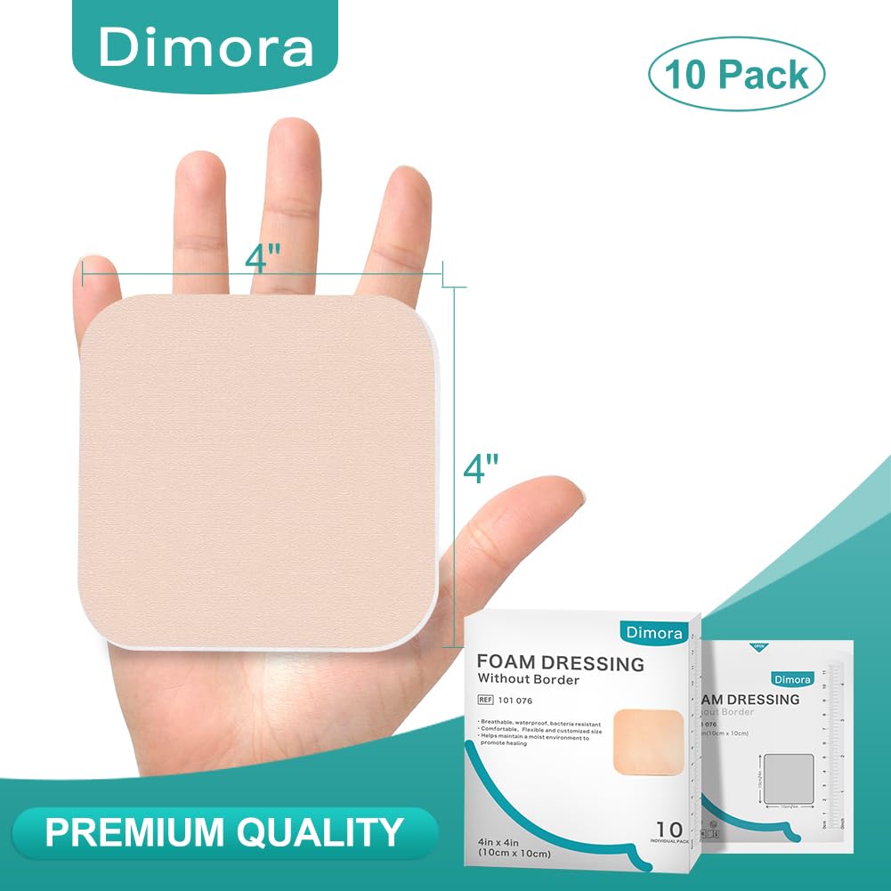 Dimora Foam Dressing, Sterile Non-Adhesive Hydrophilic Pads, Highly Absorbent 4 x4 (10 cm*10 cm) Pack of 10 Square Waterproof Dr