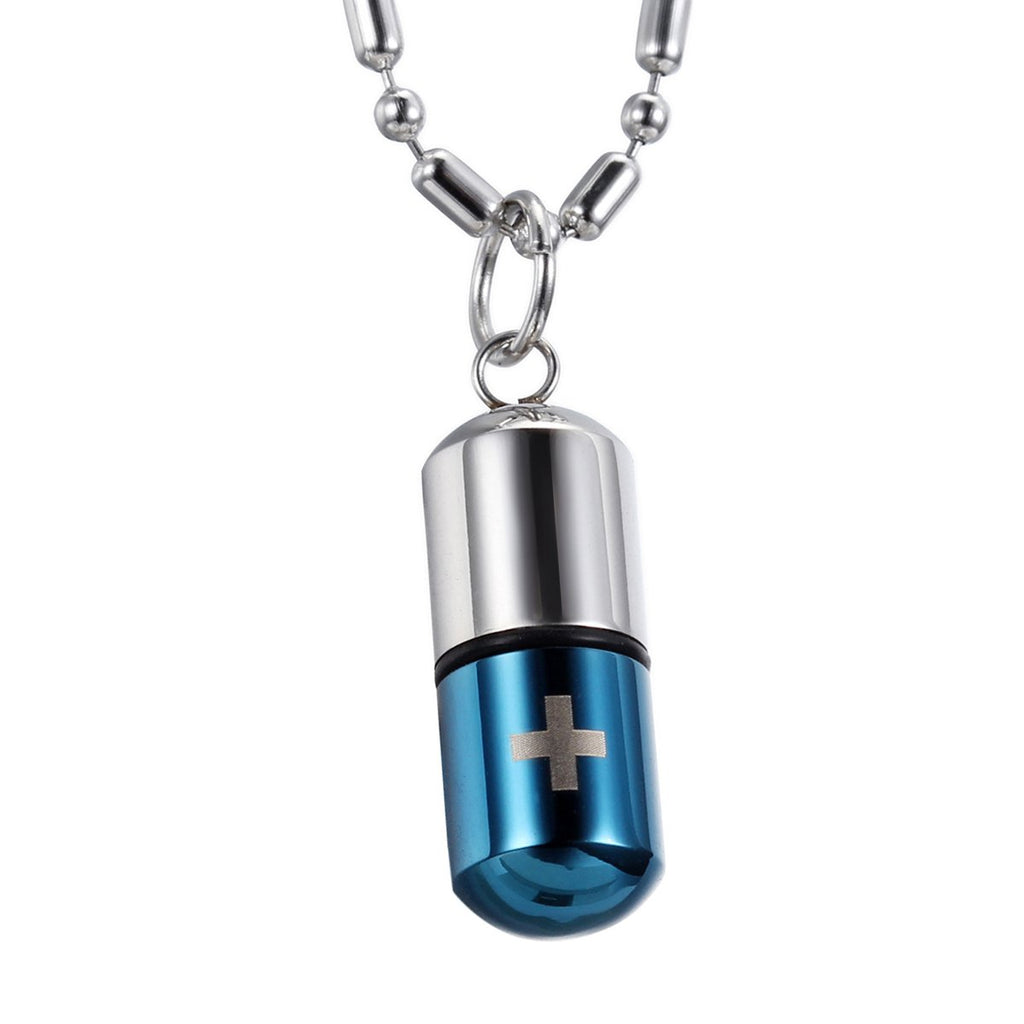 OIDEA Stainless Steel Pill Case Capsule Cross Medicine Keepsake Pendant Necklace Mens Unique Pendant Necklace for Women,Silver a