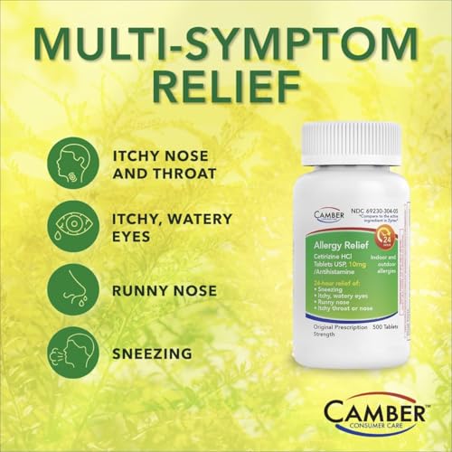 CAMBER Cetirizine HCI 10mg Tablets, 24-Hour Allergy Relief, Allergy Medication - 100 Count