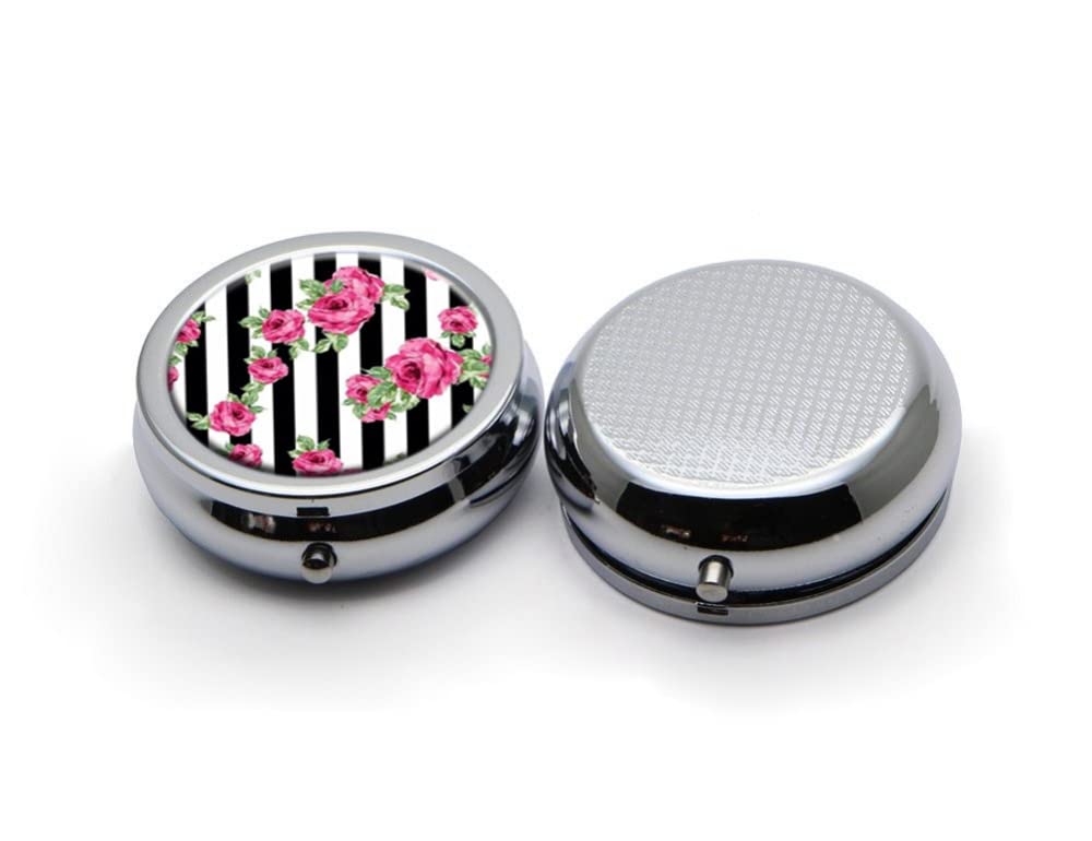 LuxSweet Rose Striped Pattern Pill Box Purse Pocket Small Round Silver Pill Case Decorative Box Metal Medicine Vitamin Pill Orga