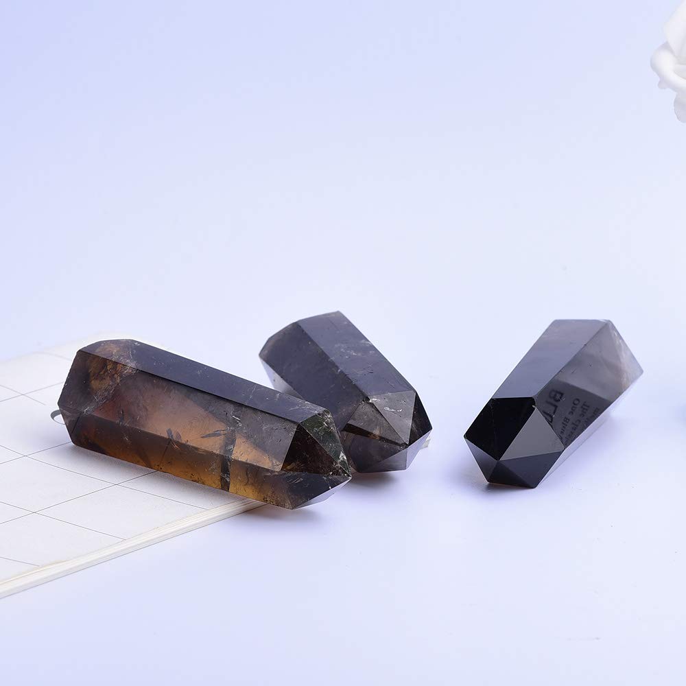 Runyangshi Smoky Quartz Crystal Wand 2.4-2.8, 6 Faceted Prism Natural Crystal Wands Towers Reiki Chakra Stone for Meditation Rei