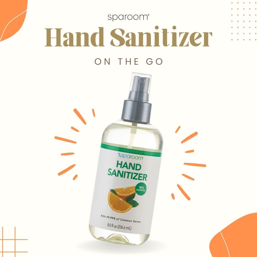 SpaRoom Hydrating Hand Sanitizer, 70% Alcohol with Aloe Vera & Essential Oils, Orange Scent, 8 Fl Oz Spray Bottle