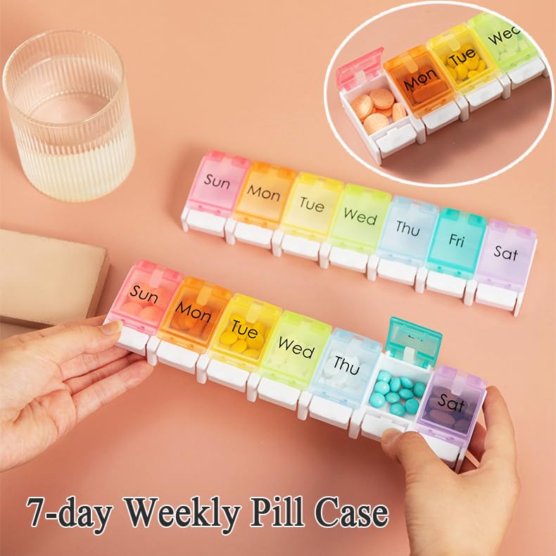 Wopanxye 7 Day Pill Case Organizer, Large Medicine Box Dispenser Daily, Colorful Travel 7 Dividers Vitamin Holder with Easy Push