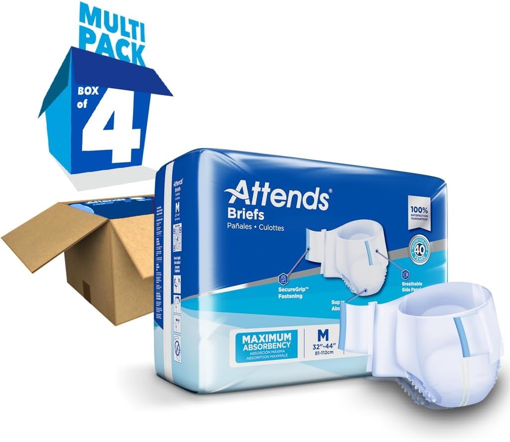 Attends Incontinence Care Breathable Briefs for Adults, Medium, 24 Count (Pack of 4)