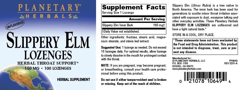 Planetary Herbals Slippery Elm Lozenges, Herbal Throat Support, 100 Lozenge