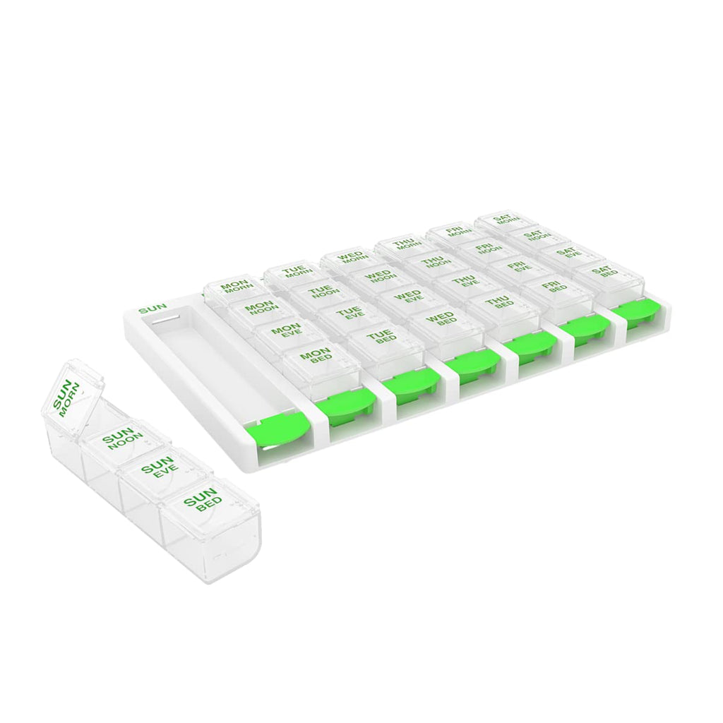 EZY DOSE Weekly (7 Day) 4 Times a Day Push Button Pill Organizer and Vitamin Planner, Removable Daily Pillboxes, Green, Convenie