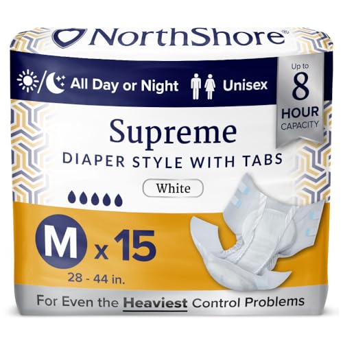 NorthShore Supreme Incontinence Tab-Style Briefs for Men and Women, White, Medium, Pack/15