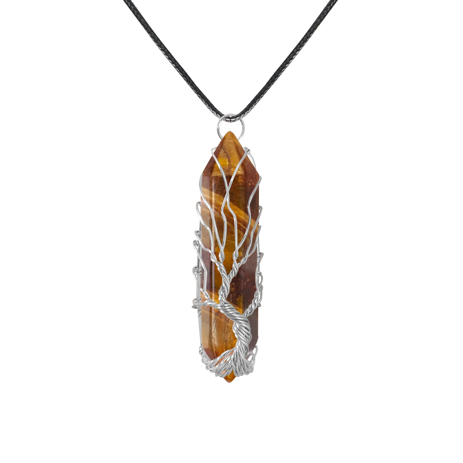 VIBILIA Healing Crystal Necklace Tree of Life Wire Wrapped Natural Tigerite Stone Point Pendant Necklace Hexagonal Reiki Spiritu