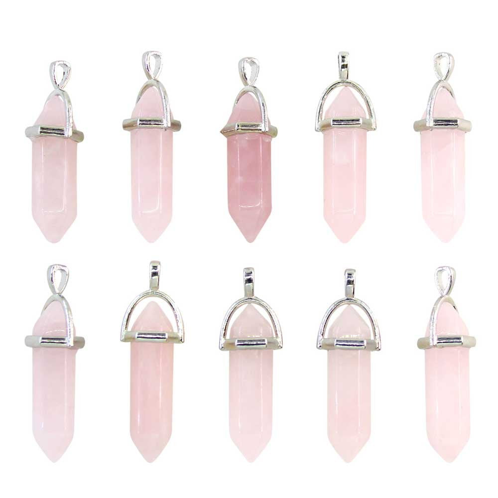 Rose Quartz Crystal 10 PCS Rose Quartz Point Hexagonal Healing Reiki Stone Pendant Bulk for Jewelry Making