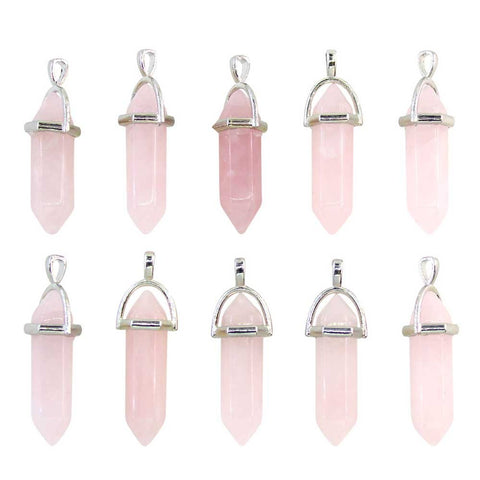 Rose Quartz Crystal 10 PCS Rose Quartz Point Hexagonal Healing Reiki Stone Pendant Bulk for Jewelry Making