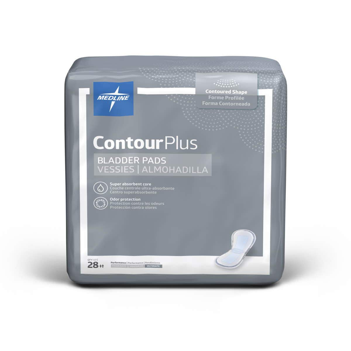 Medline ContourPlus Bladder Control Pads, Ultimate Absorbency, 8 x 17 Inches, Bag of 28