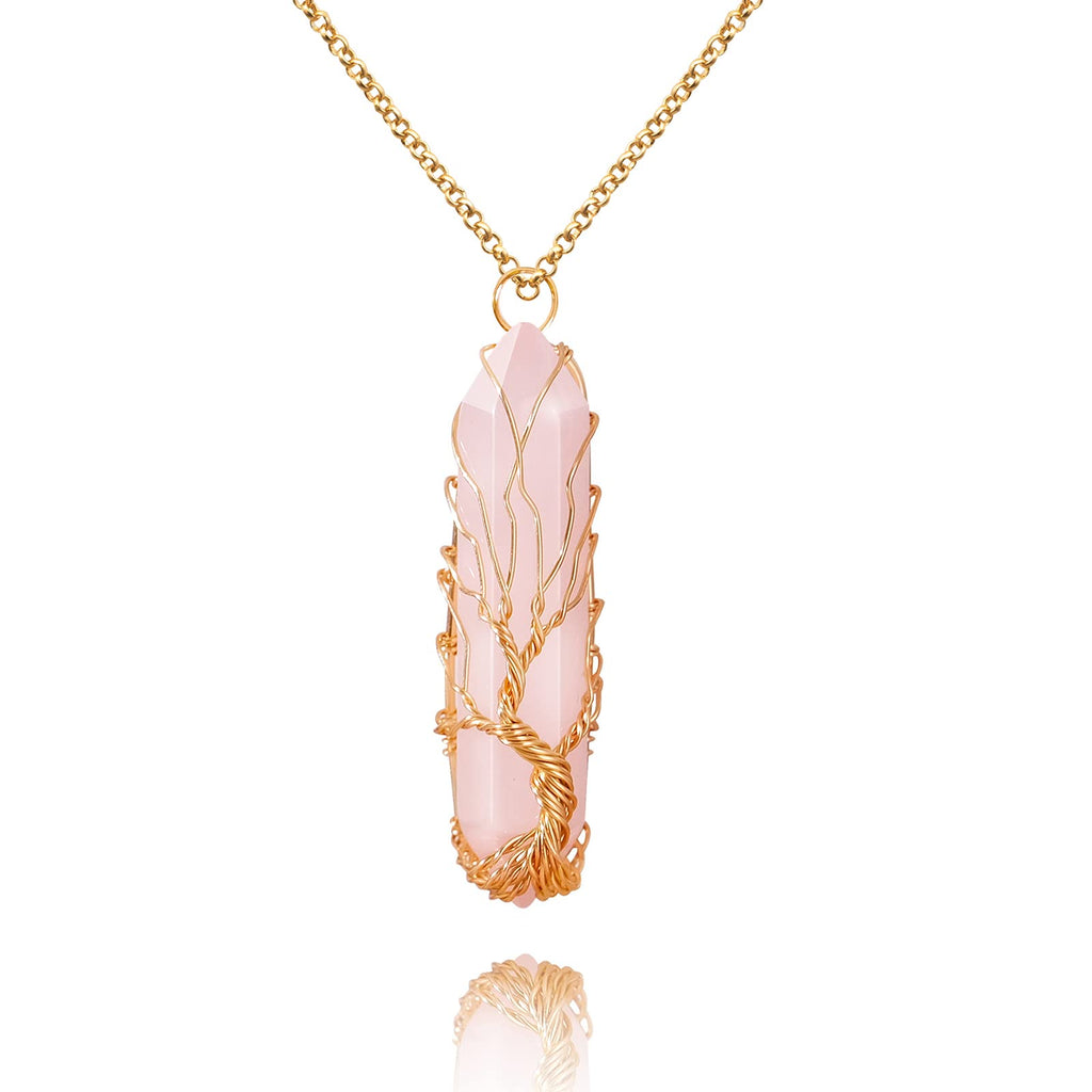 VIBILIA Healing Crystal Necklace Tree of Life Wire Wrapped Natural Rose Quartz Stone Point Pendant Necklace Hexagonal Reiki Spir