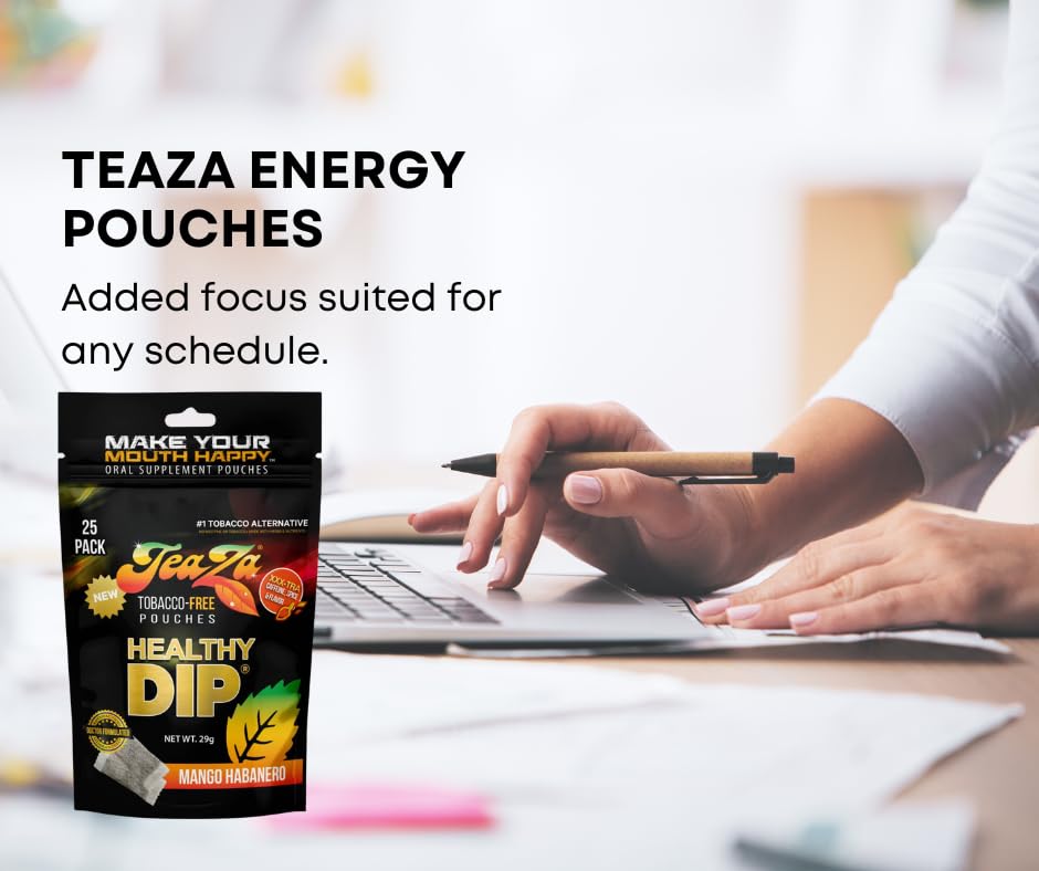 Teaza Energy Pouches Tobacco Alternative Nicotine Free Dip, Smokeless Alternative Snuff Healthy Dip, Mango Habanero (8 Pack) Tob
