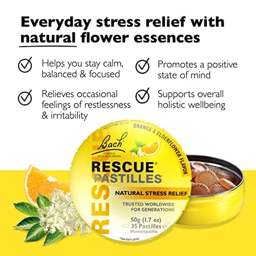 RESCUE Bach PASTILLES, Orange and Elderflower Flavor, Natural Stress Relief Lozenges, Homeopathic Flower Essence, Vegetarian, Gl