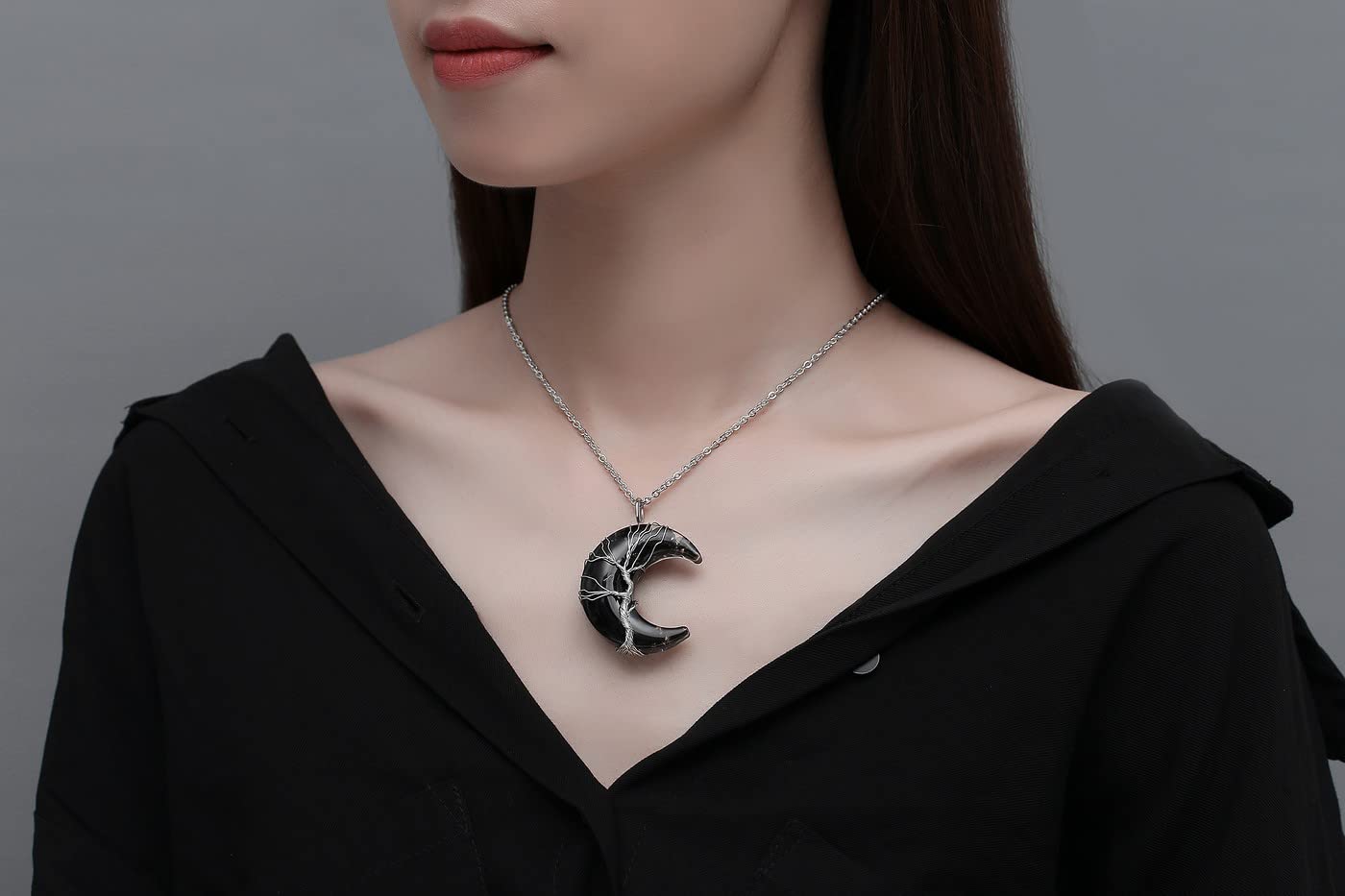 MAIBAOTA Black Obsidian Necklace Healing Crystal Stones Tree Life Wire Wrapped Crescent Moon Phase Pendant Necklace Mothers Day