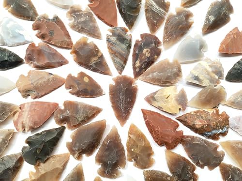 Set of 50 Raw Stone Arrowheads - Mixed Gemstone Flint Knapped Points - Authentic Primitive Hunting Spearheads for Crafts, Jewelr