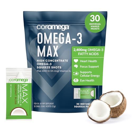 Coromega MAX High Concentrate Omega 3 Fish Oil with Vitamin D, 2400mg Omega-3s with 3X Better Absorption Than Softgels, 30 Singl
