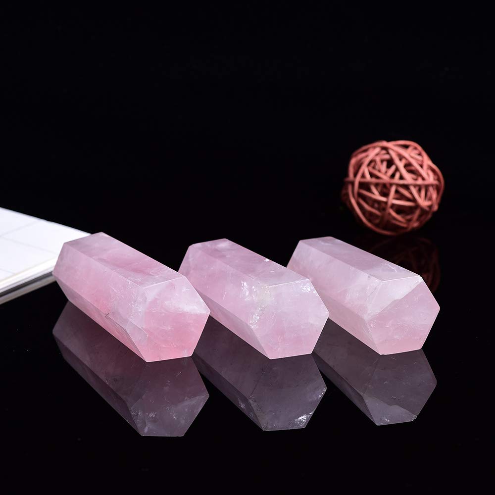 Runyangshi Rose Quartz Natural Healing Crystal Wands Height 2.4-2.8, 6 Faceted Prism Wand Reiki Chakra Stone, Natural Quartz
