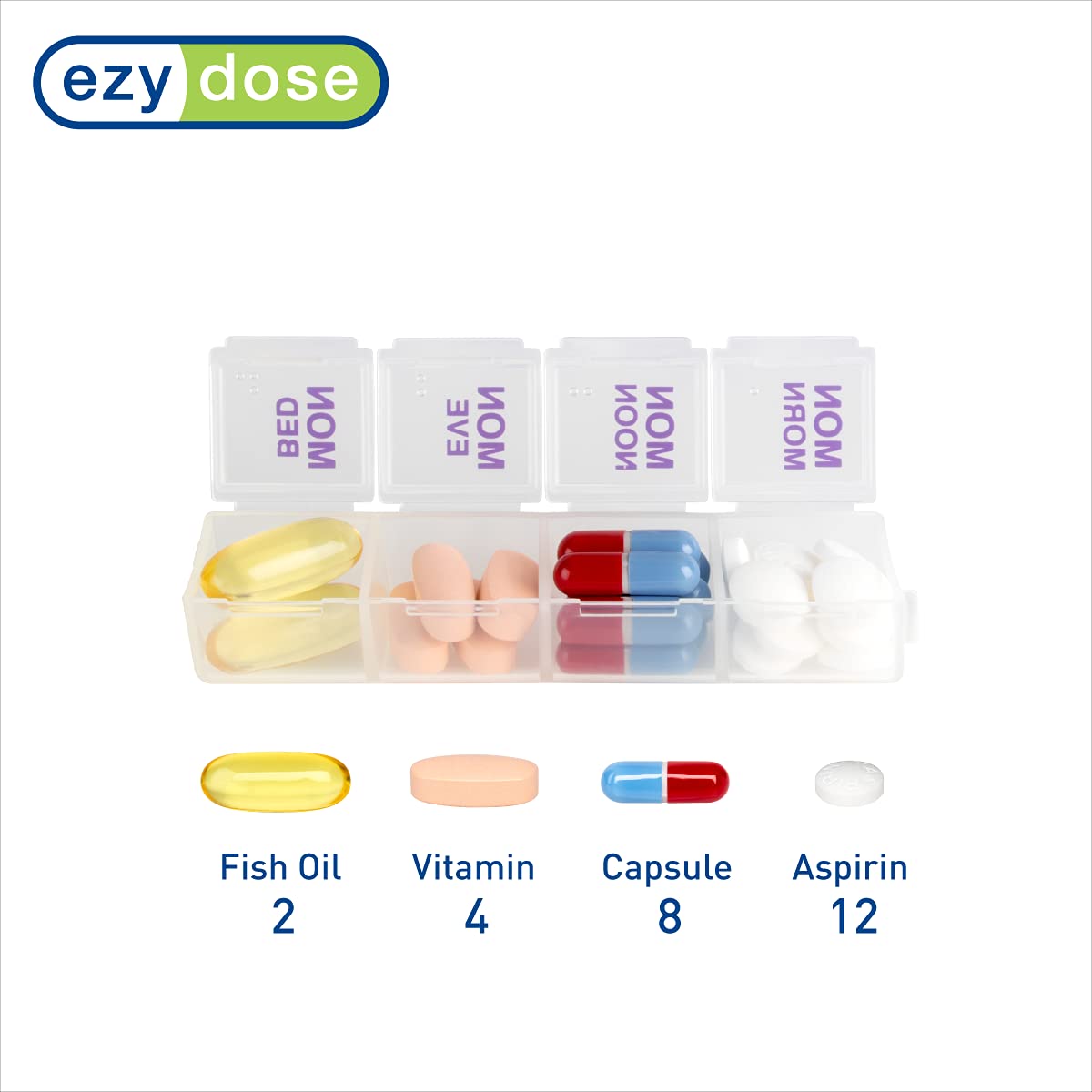 EZY DOSE Weekly (7 Day) 4 Times a Day Push Button Pill Organizer and Vitamin Planner, Removable Daily Pillboxes, Purple, Clear L