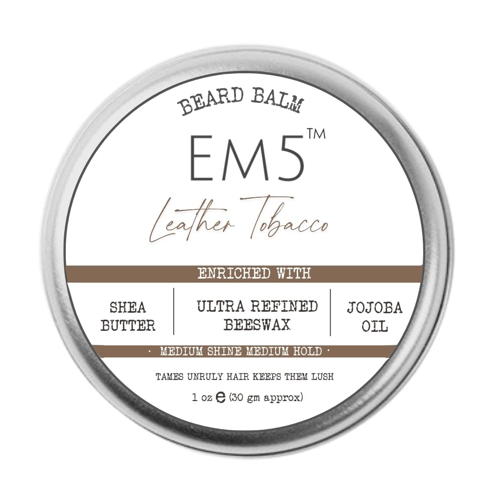Em5S Organic Leather Tobacco Beard Balm | Shape Style And Tame | Medium Hold And Shine | Long Lasting Fragrance | Mustache And 