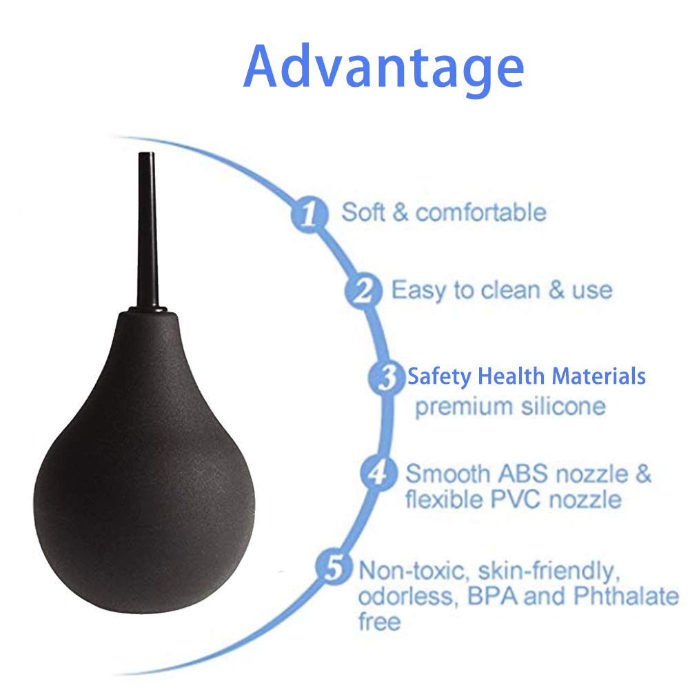 GNEGKLEAN Black Silicone Enema Bulb Kit 7.6oz Clean Anal Douche for Men Women with 19.7in Hose+4 Replaceable Nozzle (Black)