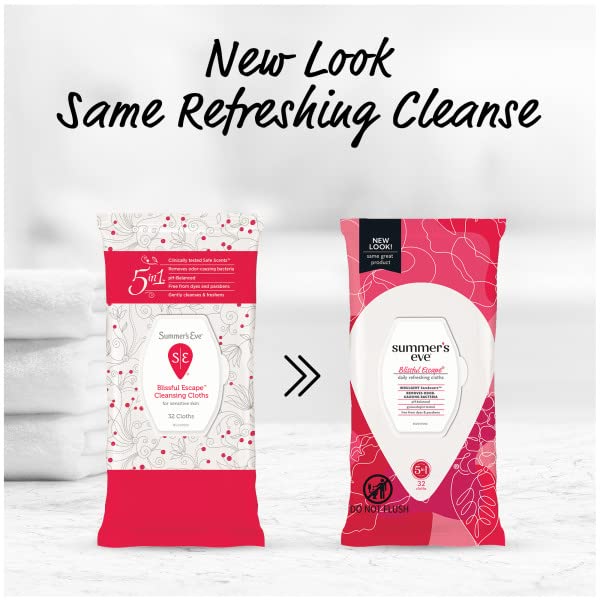 Summers Eve Blissful Escape Daily Refreshing Feminine Wipes, Removes Odor, pH balanced, 32 Count, (Pack of 2)