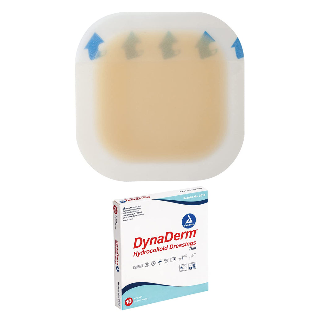 Dynarex DynaDerm Hydrocolloid Dressings, Sterile Moist Bandages Used for All Kinds of Wounds, 4'' x 4'', Thin & Latex-Free, Peel