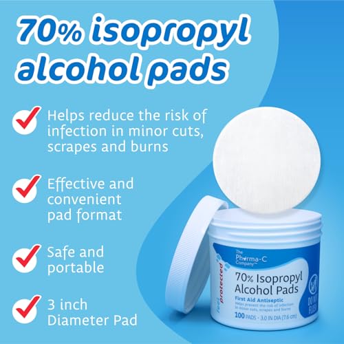 The Pharma-C Company 70% Isopropyl Alcohol Pads [100 count]. First Aid - Antiseptic Wipes - Extra Large - Alcohol for minor cuts