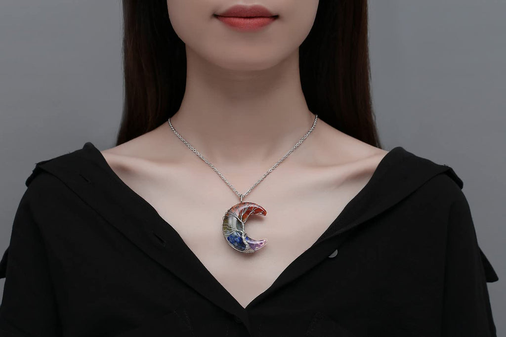 MAIBAOTA 7 Chakra Healing Crystal Necklace Gothic Necklaces for Women Crescent Moon Phase Stone Pendant Necklaces Natural Reiki