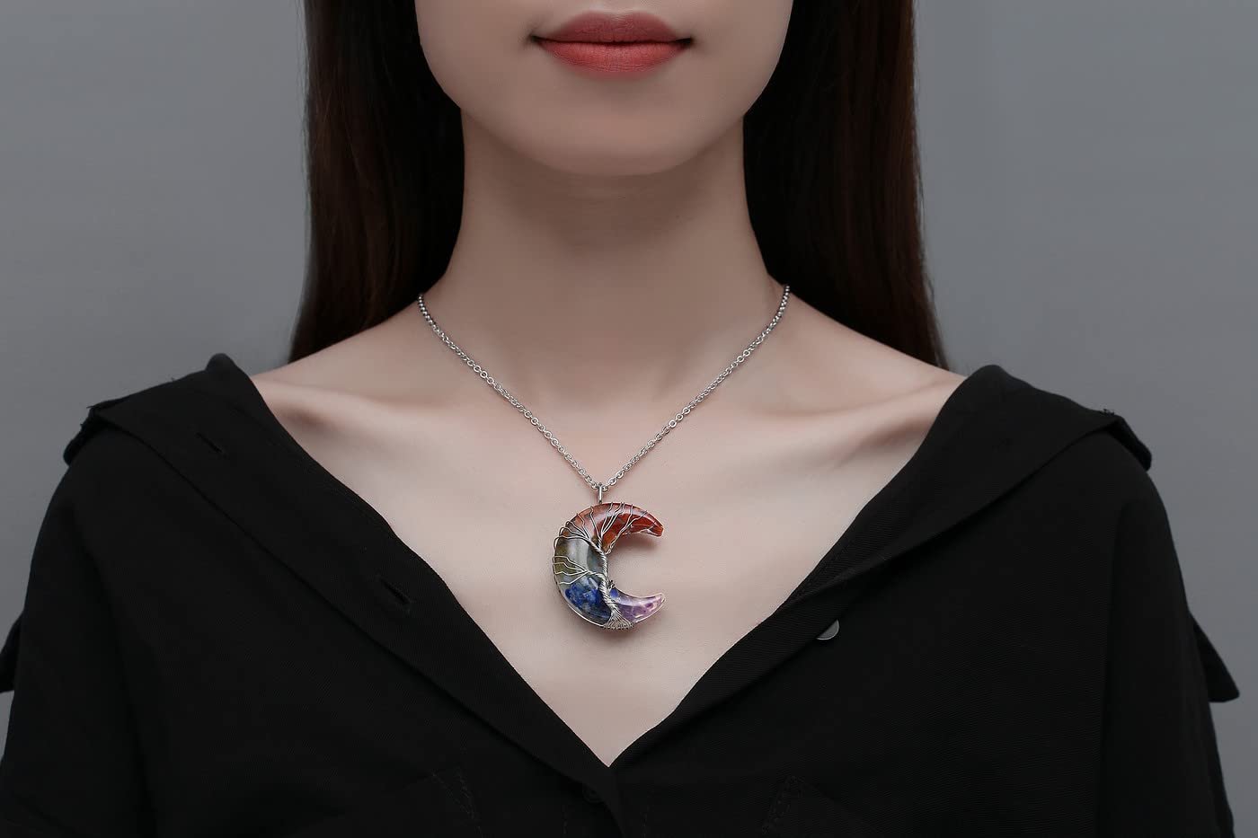 MAIBAOTA 7 Chakra Healing Crystal Necklace Gothic Necklaces for Women Crescent Moon Phase Stone Pendant Necklaces Natural Reiki