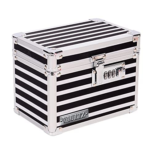 Vaultz Medicine Storage Box w/Combination Lock - 4 x 6 x 4 Inches Cabinet Safe, Black & White Stripes