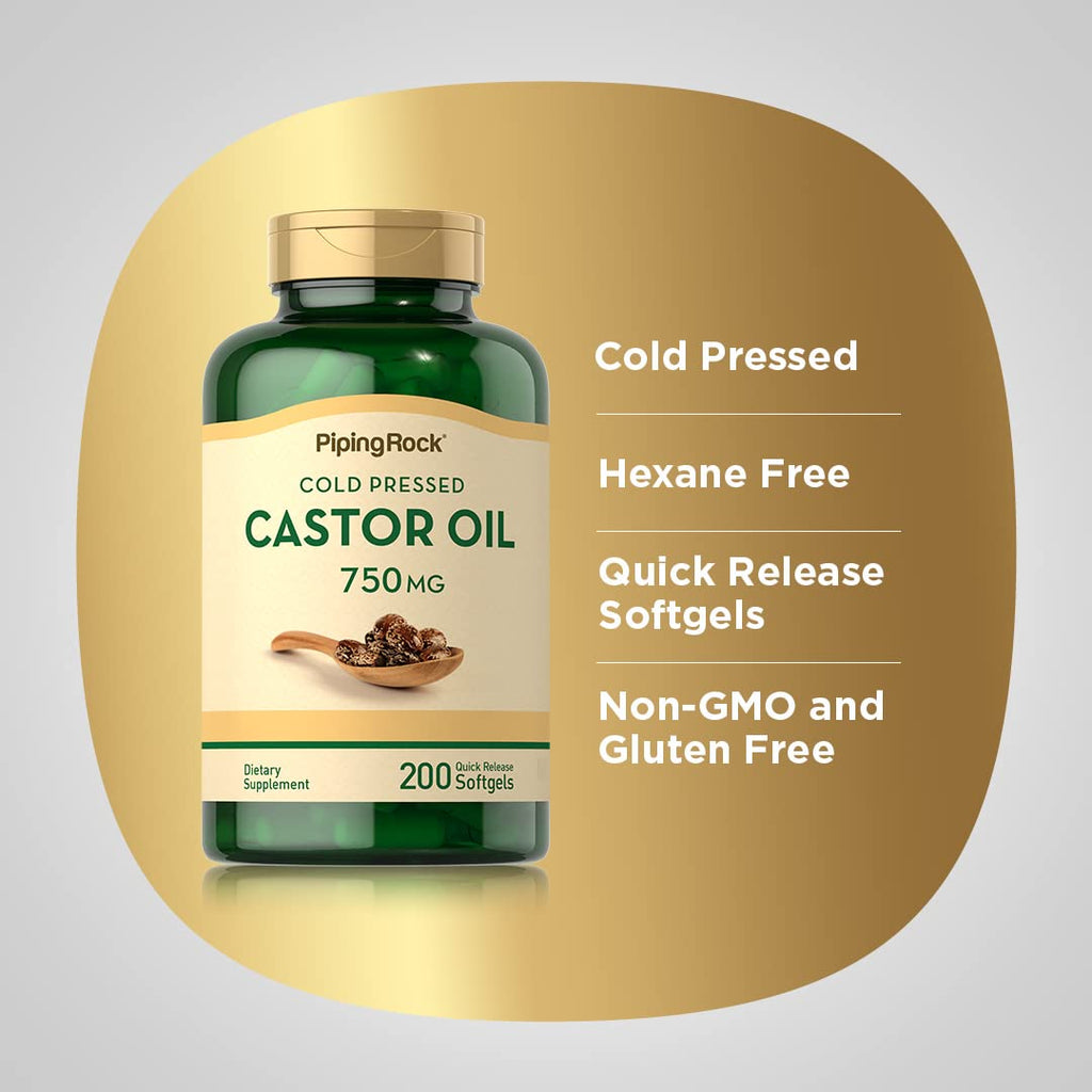 Piping Rock Castor Oil Softgel Capsules 750mg | 200 Count | Cold Pressed | Non-GMO, Gluten Free Supplement