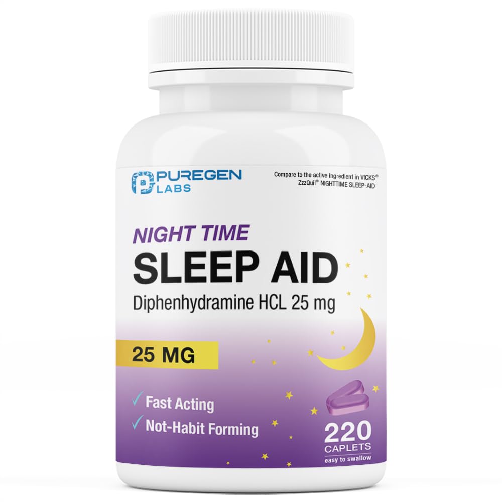 Puregen Labs Sleep Aid Caplets, Diphenhydramine HCl 25mg - 220 Count | Supports Deeper, Restful Sleeping, Non Habit-Forming | Ma