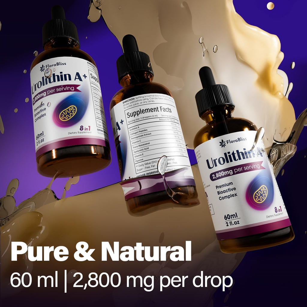 Urolithin A Supplement 2800 mg Liquid Drops | with Trans-Resveratrol, Collagen Peptides, Pomegranate Extract, Hyaluronic Acid, Vitamin E & C
